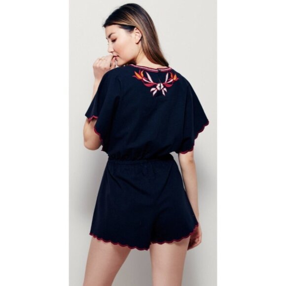 Free People Embroidered Sophia Romper Scalloped Hem Boho Mexican Cotton Festival - Picture 3 of 9